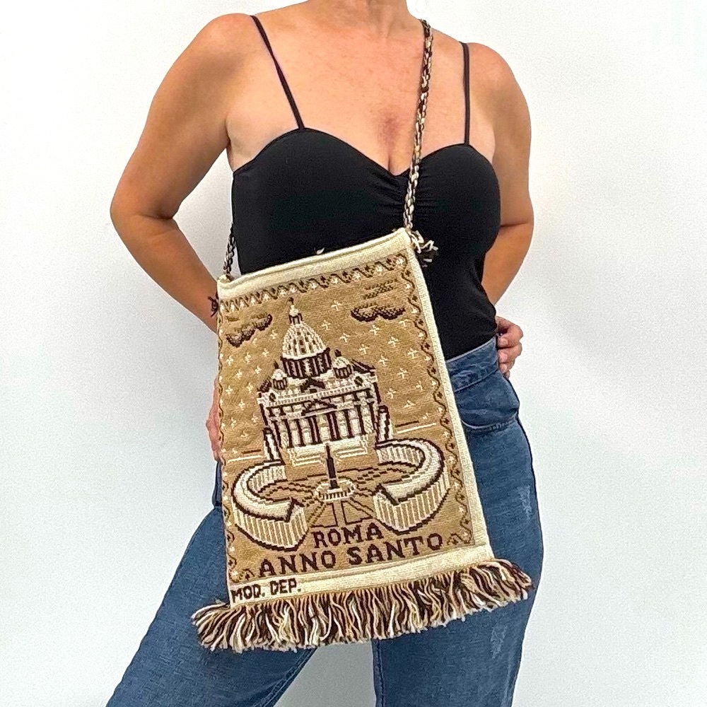Vintage Vatican City Roma Anno Santo Jubilee Tapestry Fringe Shoulder Bag